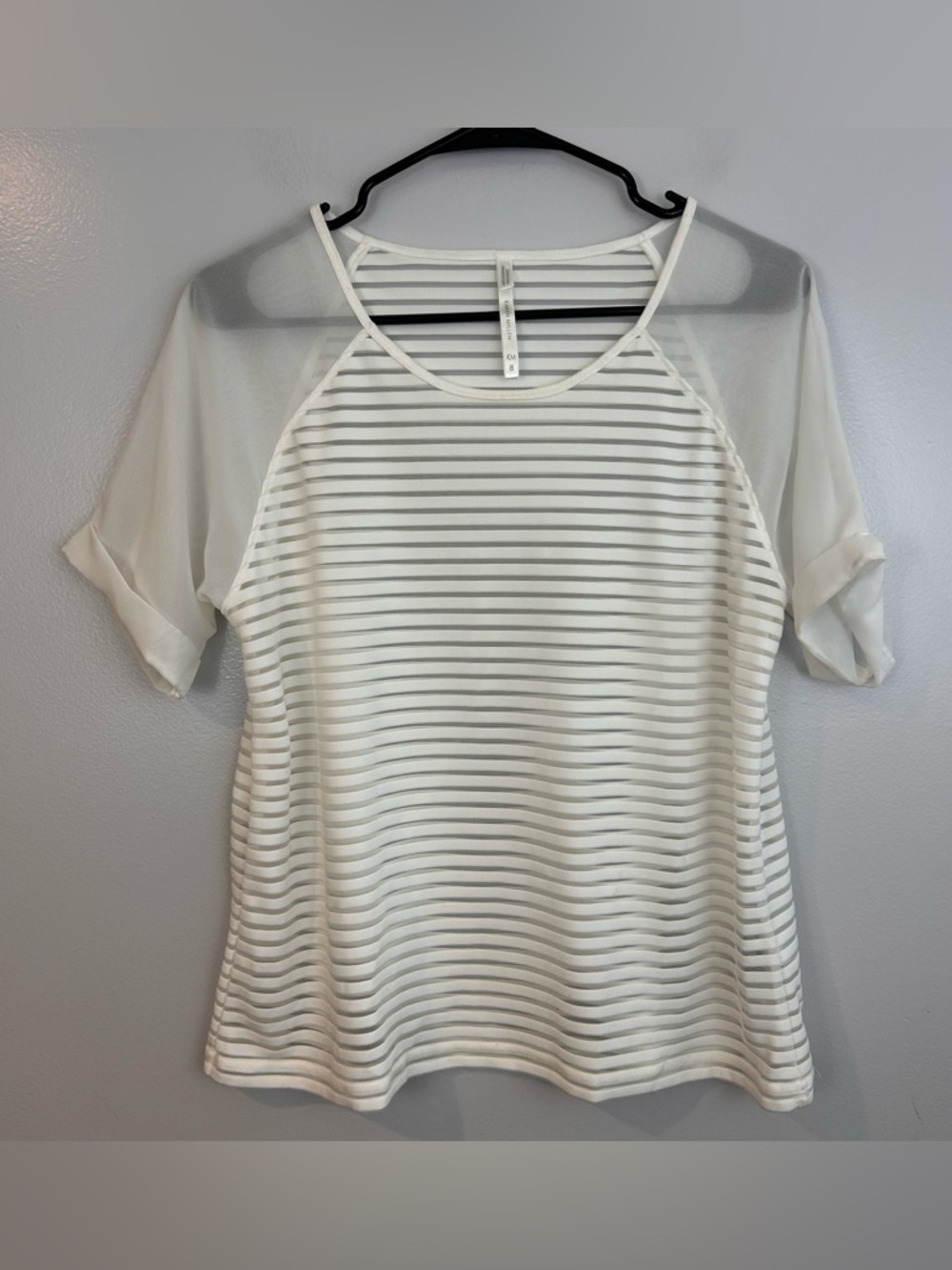 Karen Millen White Striped Lightweight Sheer Short Sleeve Burnout Top Size 8